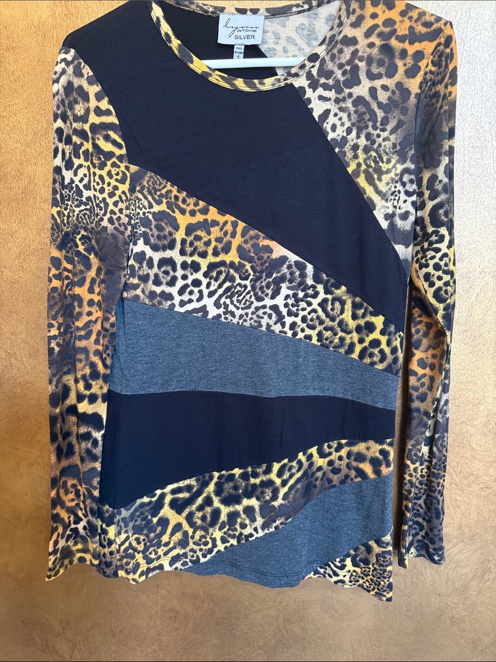 Long Sleeve Leopard Patchwork Top - Black/Gray/Gold